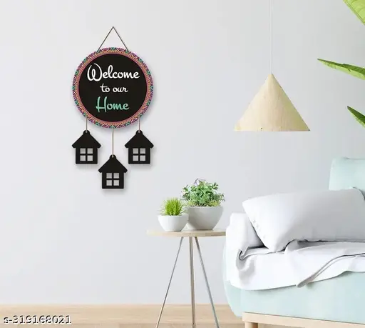 Welcome to Our Home Wall Hanging – Round Wooden Door Sign with Mini Houses