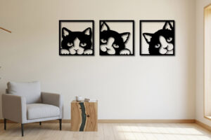 Black MDF Cat Face Wall Art – Set of 3 Modern Frames