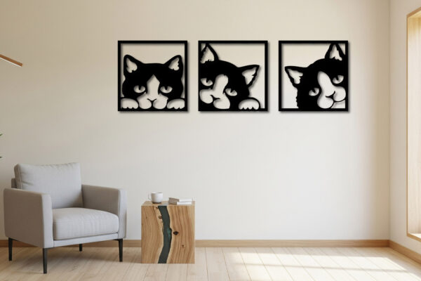 Black MDF Cat Face Wall Art – Set of 3 Modern Frames